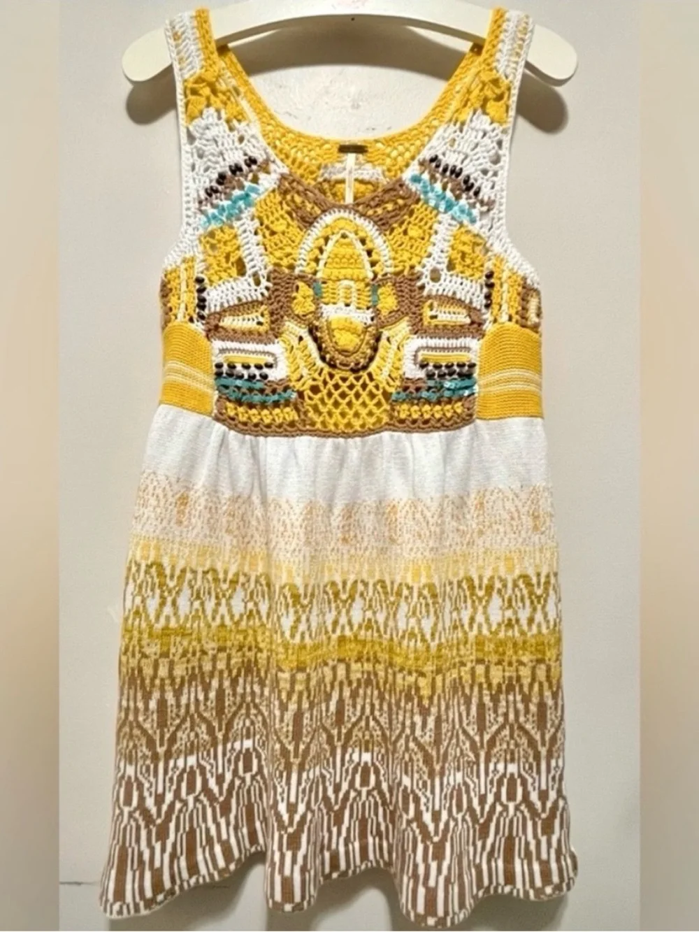 FREE PEOPLE Congo Crochet Mini Sweater Dress Tunic Tank Vest - Medium